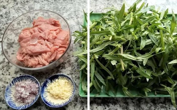 Tất cả nguyên liệu chế biến món thịt ngựa xào rau ngổ đã chuẩn bị xong